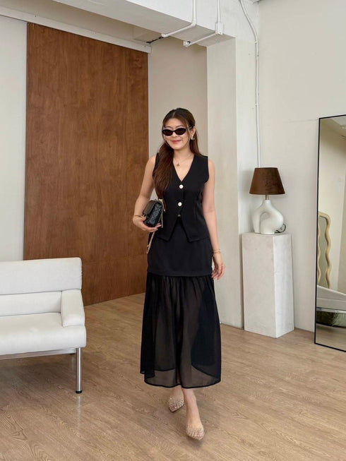 V-neck Sleeveless Blouse With Skirts Sets